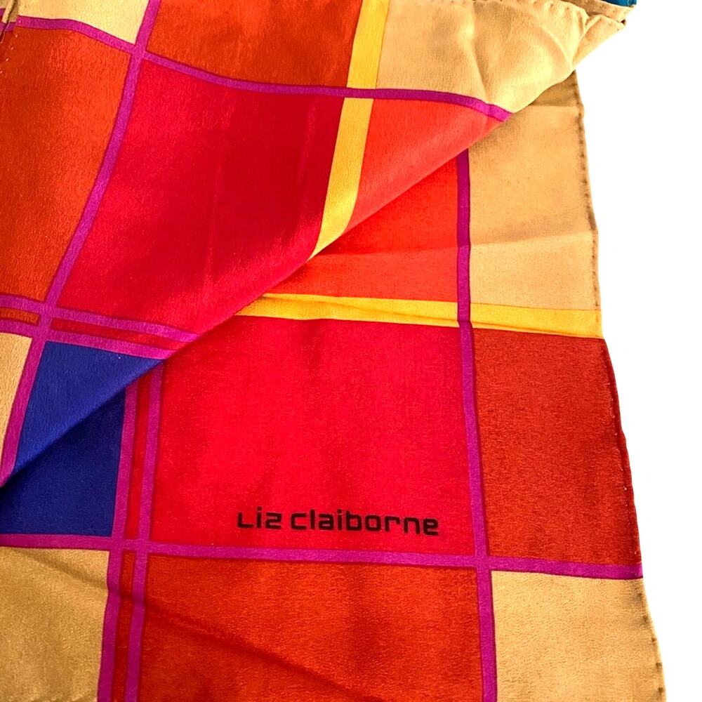 Vintage Liz Claiborne silky colorful square scarf colorblocks retro 1980's